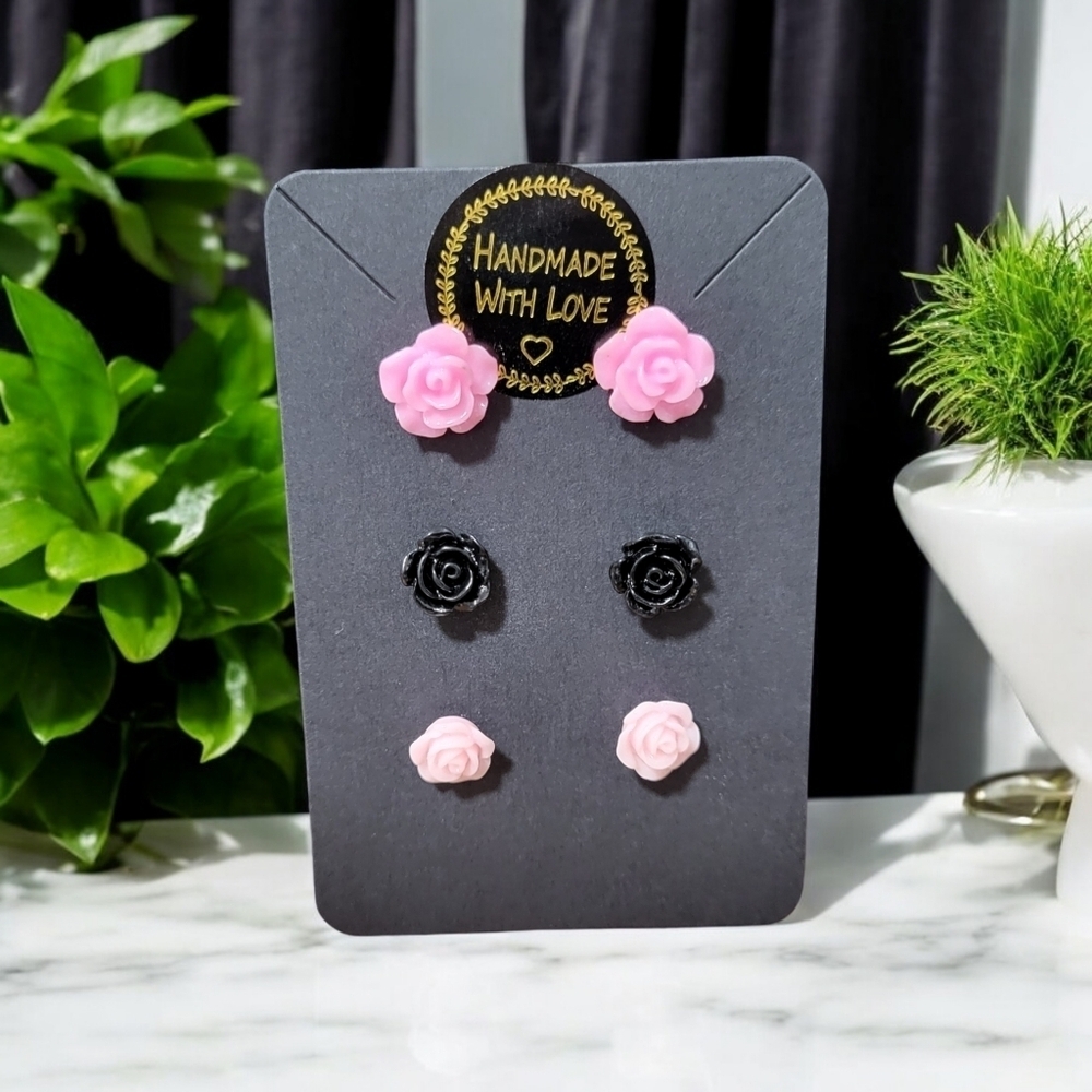 Handcrafted Pink And Black Mini Acrylic Rose Earrings Trio